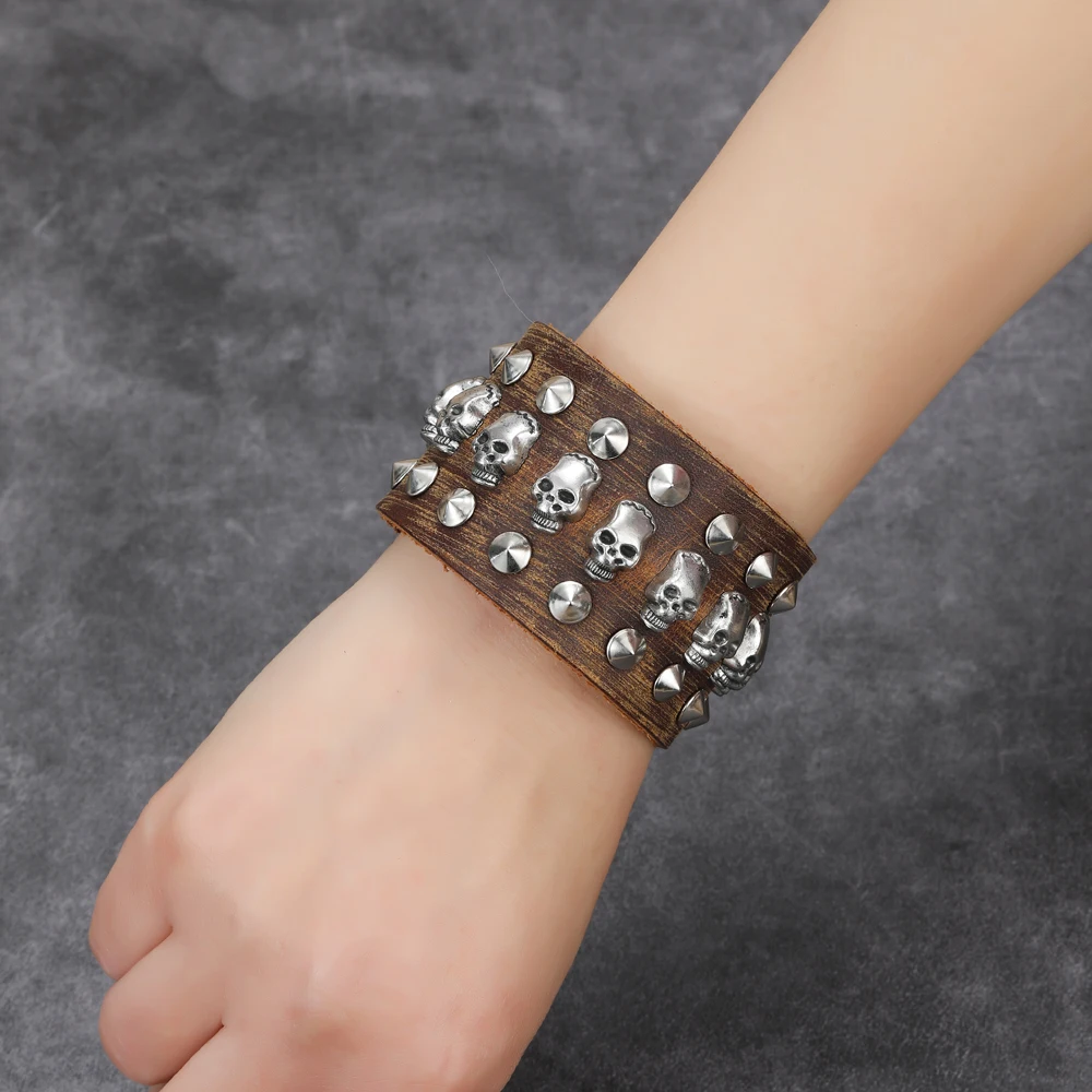 2024 Trend Jewelry Retro Street Punk Skull Brown Wide Leather Men's Bracelet Cuff Bracelet Handicrafts Suitable For Daily Wear