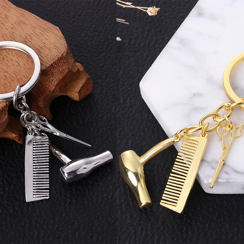 Creative Hair Dryer Keychain Mini Comb Hair Scissors Key Ring Three-dimensional Alloy Hairstylist Tool Keychains Bag Pendant