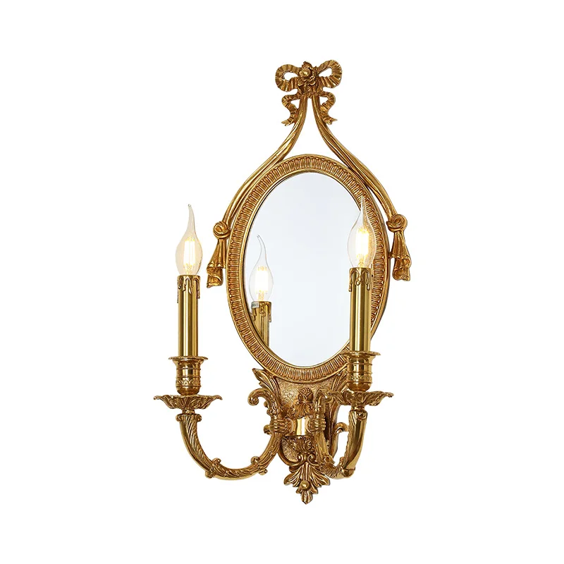 European Classic Baroque Living Room Brass Wall Lamp With Mirror Wall Light French Villa Duplex Bedroom Copper Wall Sconce