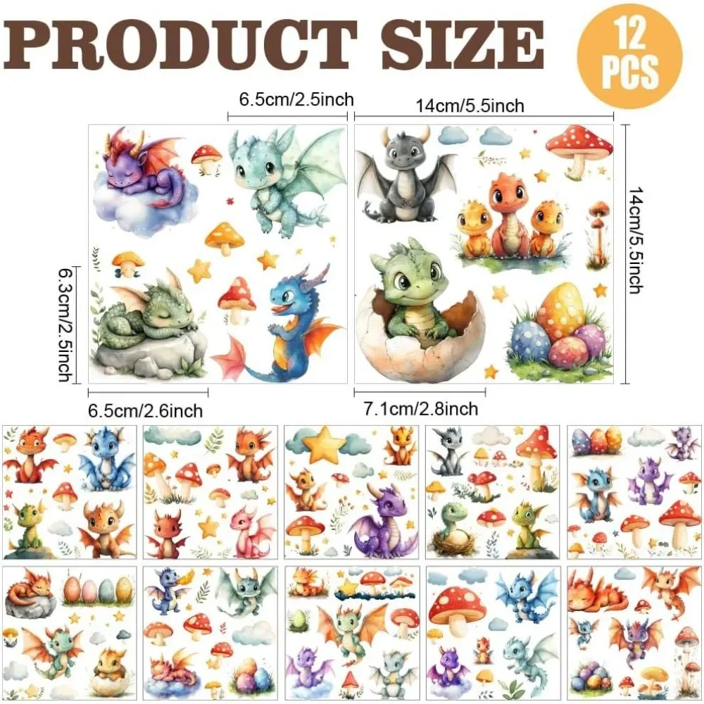 12 Sheets Rub On Transfer Stickers Adorned with Dinosaur Dragon Eggs Mushroom and Clouds Patterns Ideal for Decorating Home
