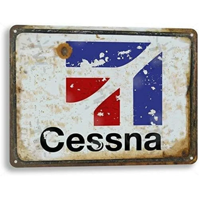 Vintage Cessna Aviation Logo Metal Sign -  Tin Wall Art with Distressed Blue & Red Design, Rustic Home Decor Plaque for Garage,