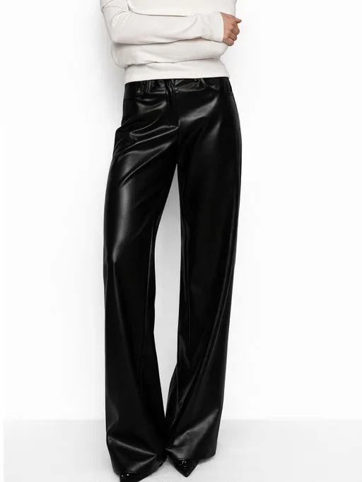 Women Y2K High Waist PU Leather Wide Leg Pants Burgundy Straight Trousers Autumn Festival Streetwear Long Pants 2026