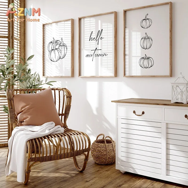 AZNM Hello Autumn Pumpkin Line Art Canvas Wall Art, Neutral Fall Season Quote Print, Frameless Minimalist Farmhouse Canvas Paint