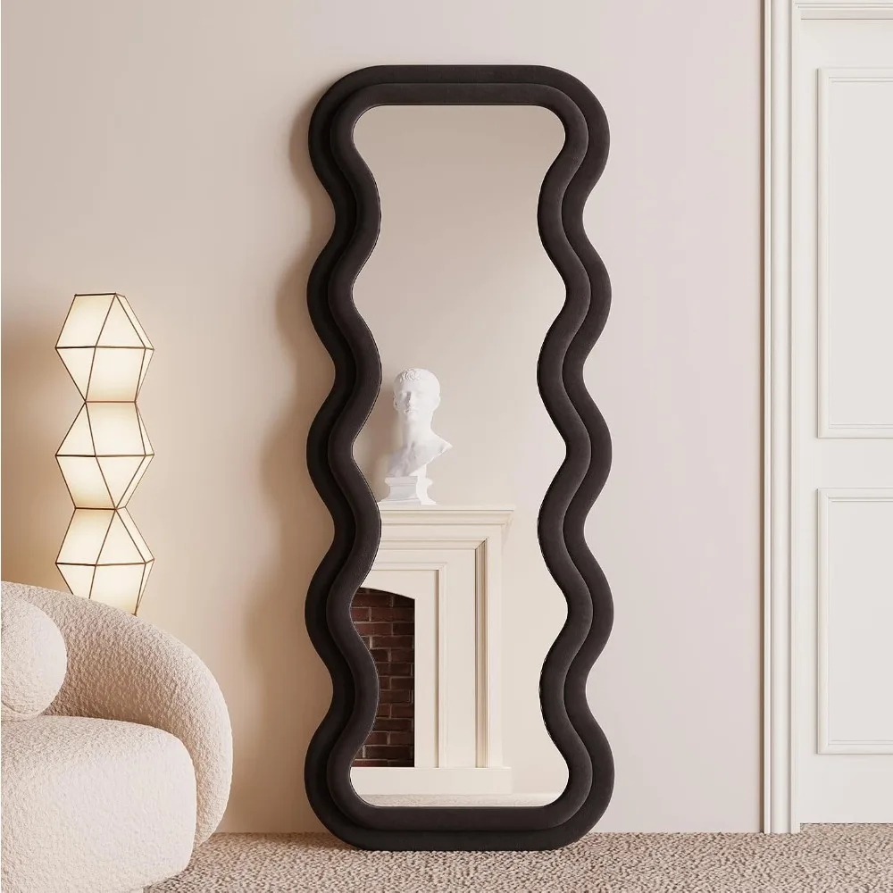 Full Length 63 x 24 Wall Mirror - Flannel Wrapped Wooden Frame Floor Leaning Mirror with Irregular Wavy Design