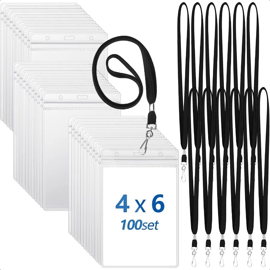 

100 Pcs Large 4 x 6 Inch Clear ID Badge Holder with Lanyard Waterproof Vertical Badge ID Card Holders Clear Plastic Tags Transp