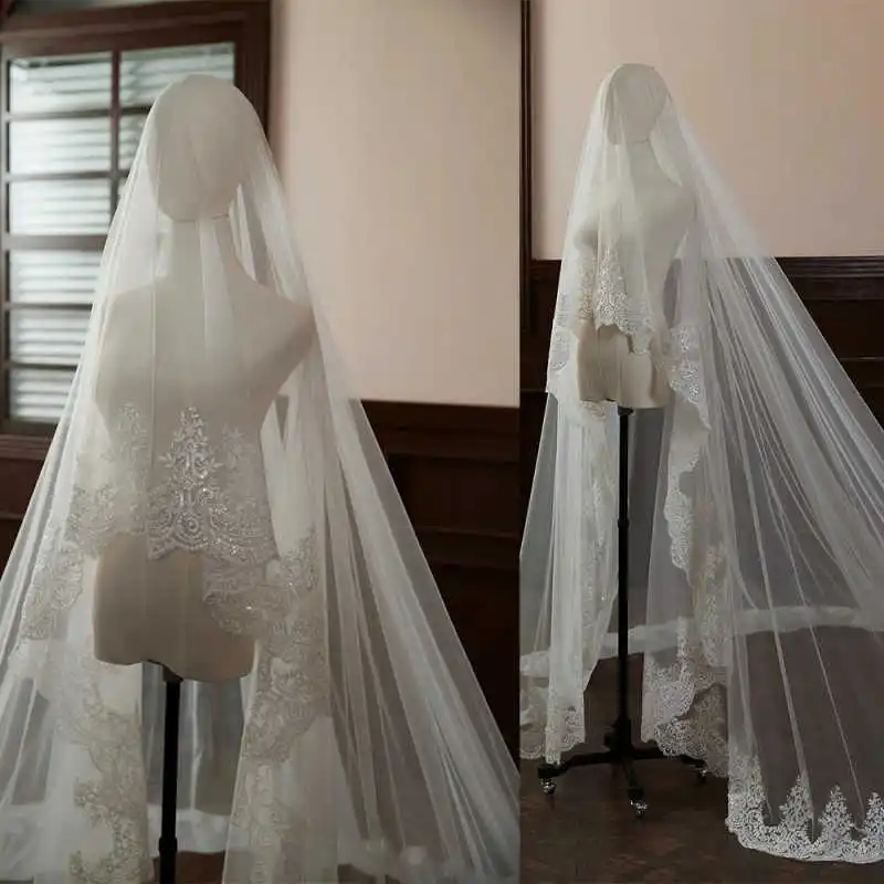 

Elegant Long Cathedral Length Wedding Veils One Layer Lace Appliques Edge Bridal Veils Wedding Accessories Custom Made