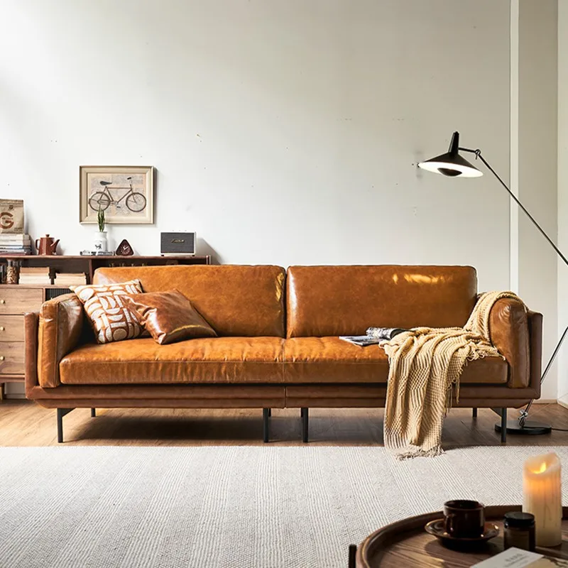 

Oil wax leather sofa first layer cowhide small apartment three-person Nordic style American retro living room straight row light