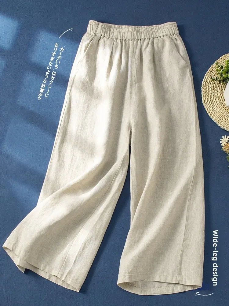ارتفاع الخصر بنطال ذو قصة أرجل واسعة عادية القطن الكتان سبعة تسعة سبليت السراويل النسائية فضفاضة تناسب بنطلون ريترو تخفيف Sle صيف 2025 #3