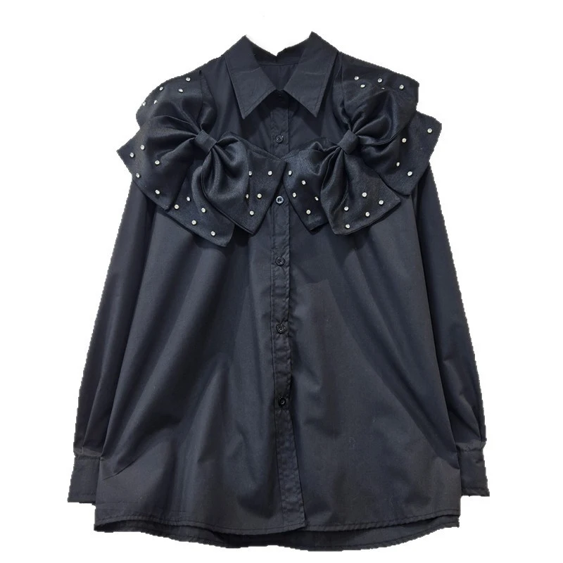 WTHT Nieuwe Mode vrouwen Gesplitst 3D Bows Ontwerp Casual Shirt 2025, Herfst Trendy Revers Lange Mouwen Blouse Vrouwelijke 1LS2588