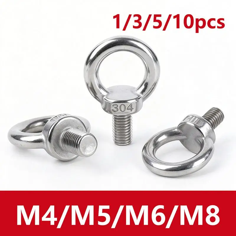 304 Stainless Steel Hand Tighten Eyebolt M4 M5 M6 M8 Round Eye Bolts For Cable Rope Connection 1/3/5/10pcs