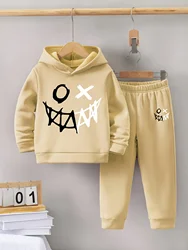 2sets Fall/Winter new casual comfort sports style warm boy print warm lining hoodie and tracksuit pants