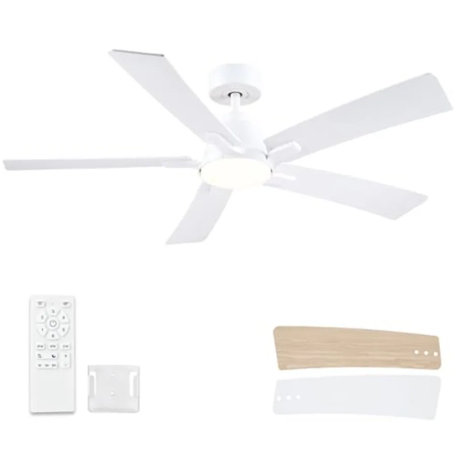 

Indoor/Outdoor 52 Inch White Ceiling Fan with Lights and Remote, Downrod Style 5-Blade Modern Design, 6-Speed Reversible DC Mot