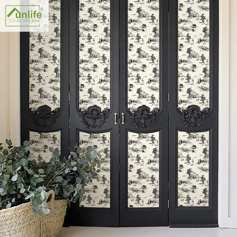 Wallpaper Self-Awesome French Retro Room Layout Cabinet Screen PVC Wardrobe Flat Stickers Bedroom Waterproof and Oil-Proof Black