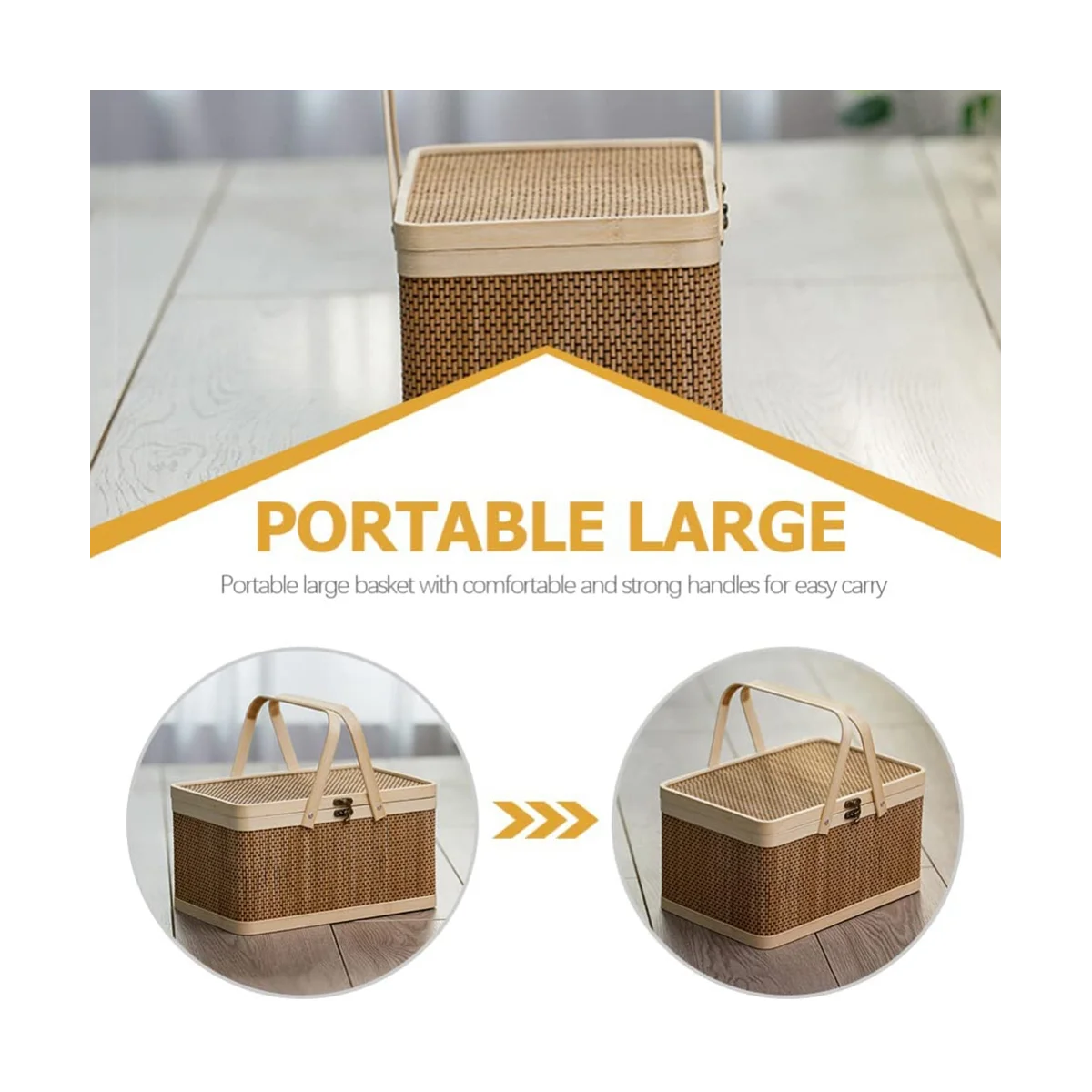 Bamboo Basket Natural -Friendly Woven Basket Bamboo Picnic Basket with Lid Handheld Snacks Bread Storage Basket