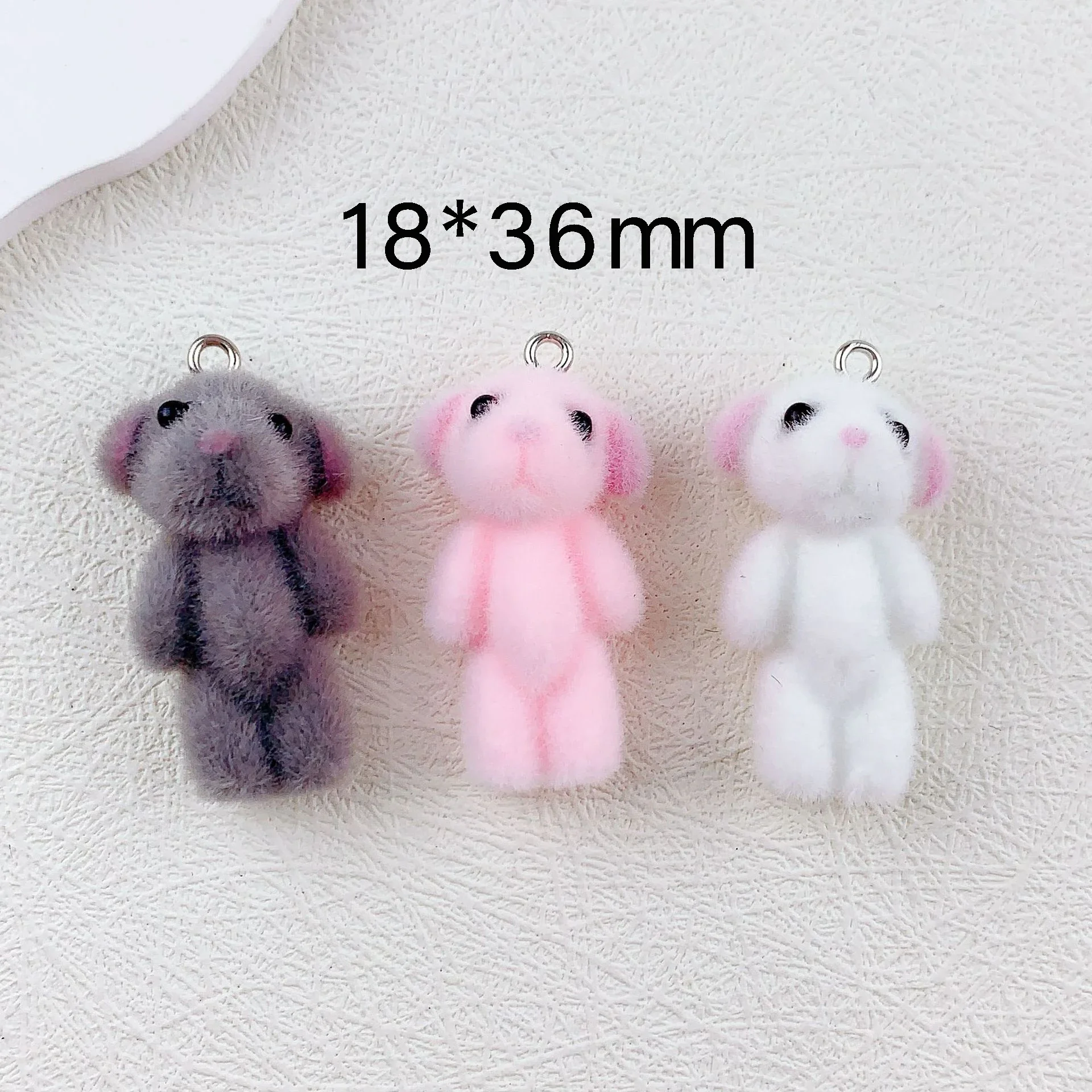 Diy 30Pcs 3D Kawaii Bear Flocking Charms Cartoon Animal Resin Pendant for Keychain Necklace Earrings Accessories Making Material