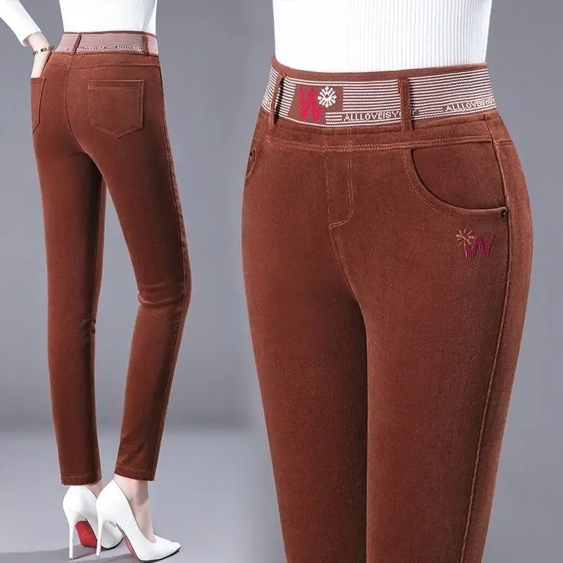 Fashion Trend Autumn Winter Corduroy Pencil Pants Women Solid Pockets Elastic High Waist Casual Plus Velvet Straight Trousers