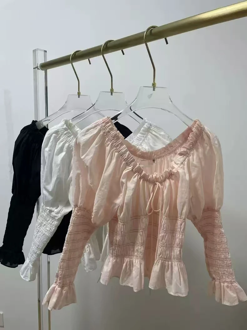 

White Black Pink 3/4 Sleeve Ruffles Frilled Pleat Blouse Tops 2025