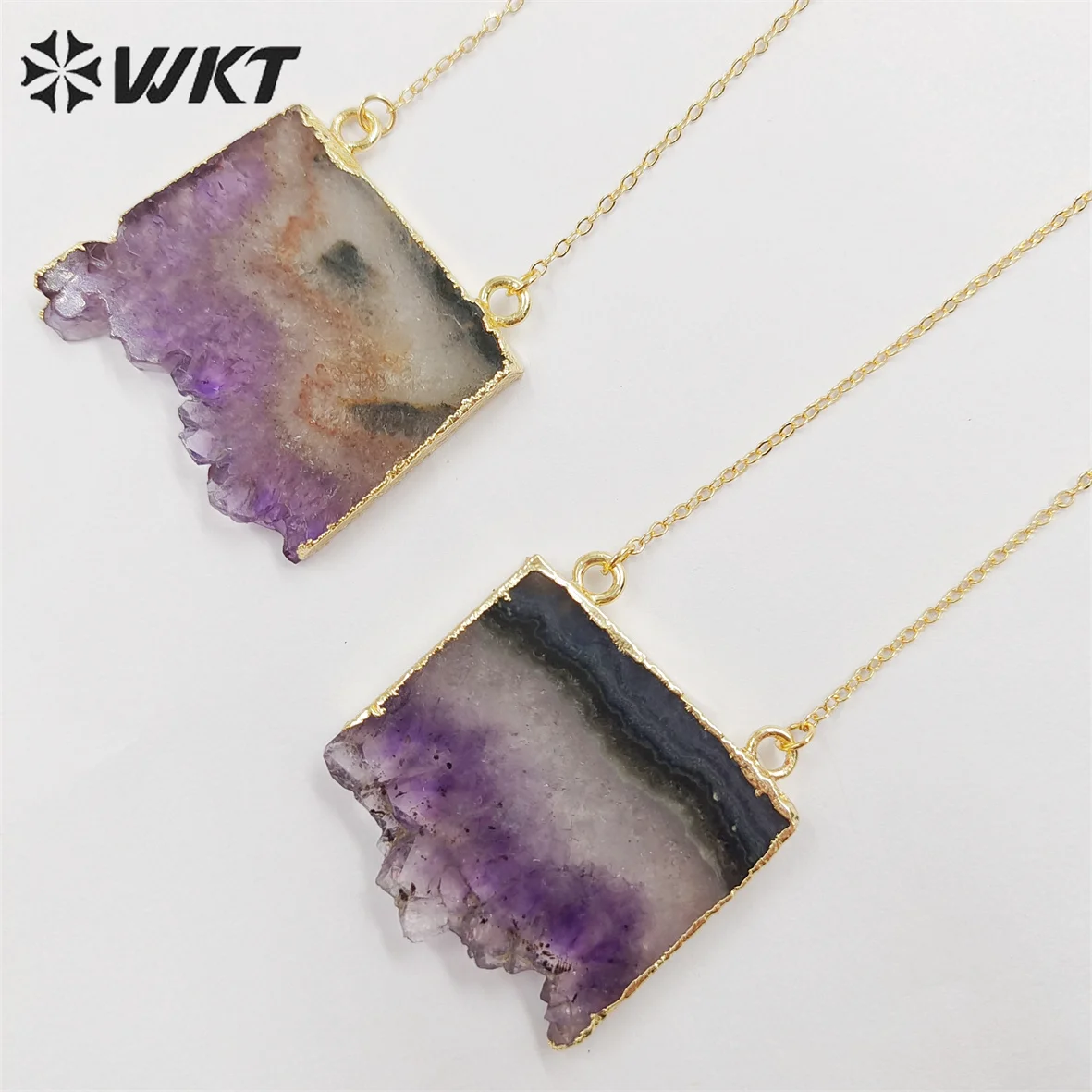 WT-N123 Hot sales natural gold dipped purple stone A methyst necklace for women gift, natural slice stone pendant necklace