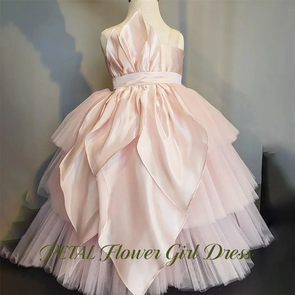 Petal Dusty Blush Nude Princess Girls Dress Oversized Long 3D Petal Ball Gown Party Tutu Dresses with Belt Tutu Fluffy Prom Gown