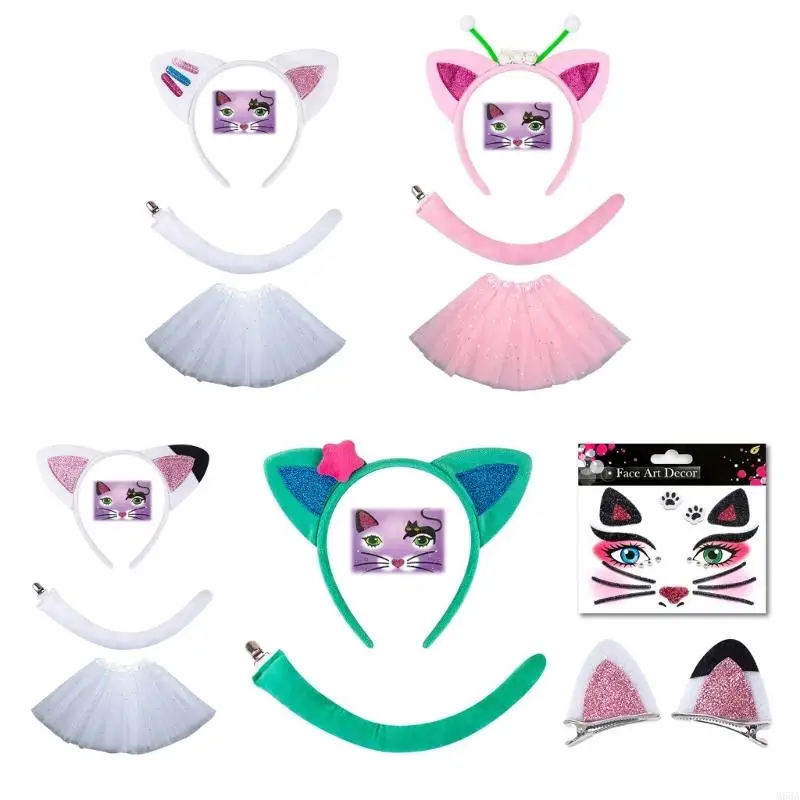 

M68A Cats Costumes Set Cats Ears Headbands Tail Bows Face Stickers Animal Cosplay Costumes for Halloween Christmas Party