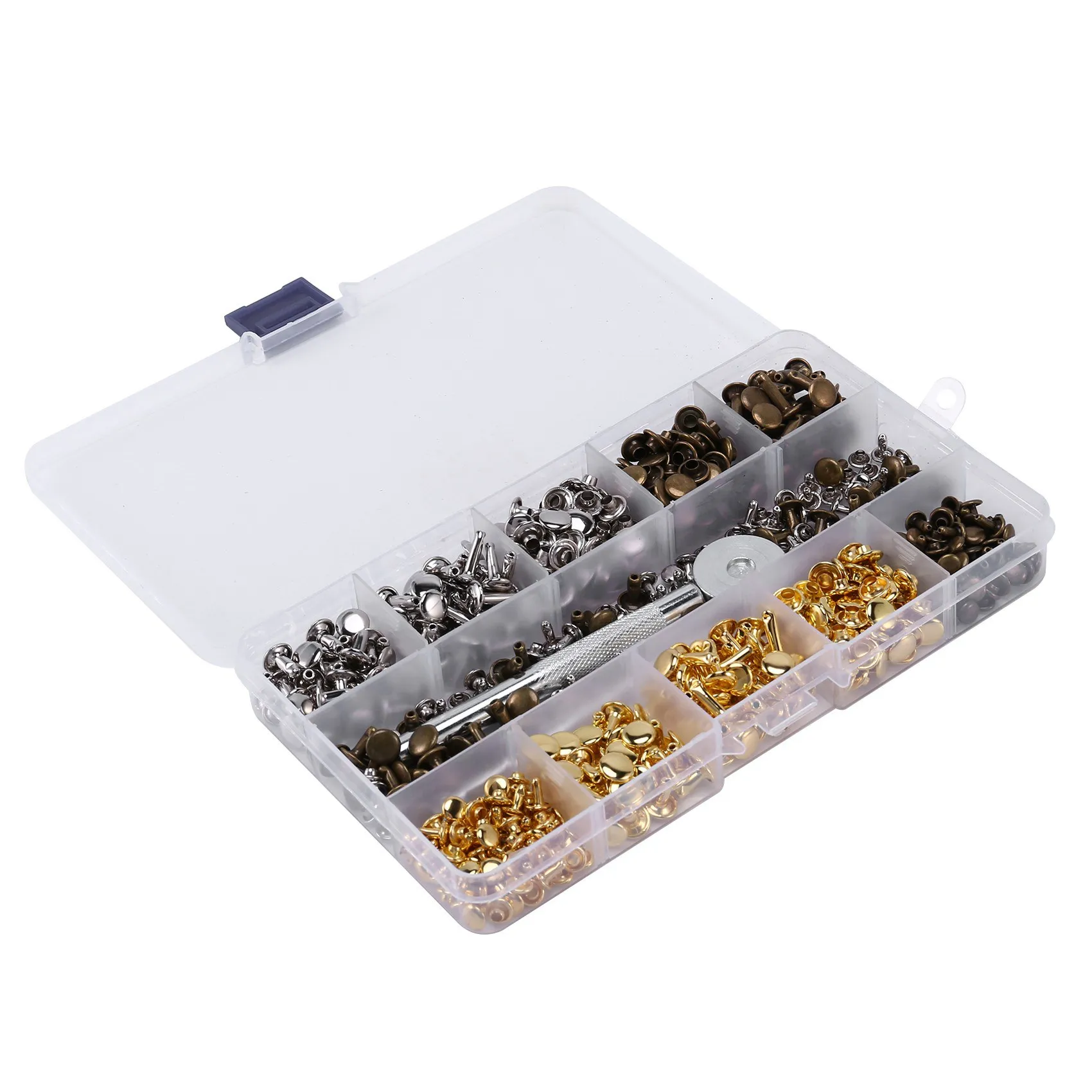 Zestaw nitów skórzanych AC23-600, nit z podwójną główką, nit tubularny, metalowe ćwieki z zaciskiem do nitowania, zestaw narzędzi do mocowania.