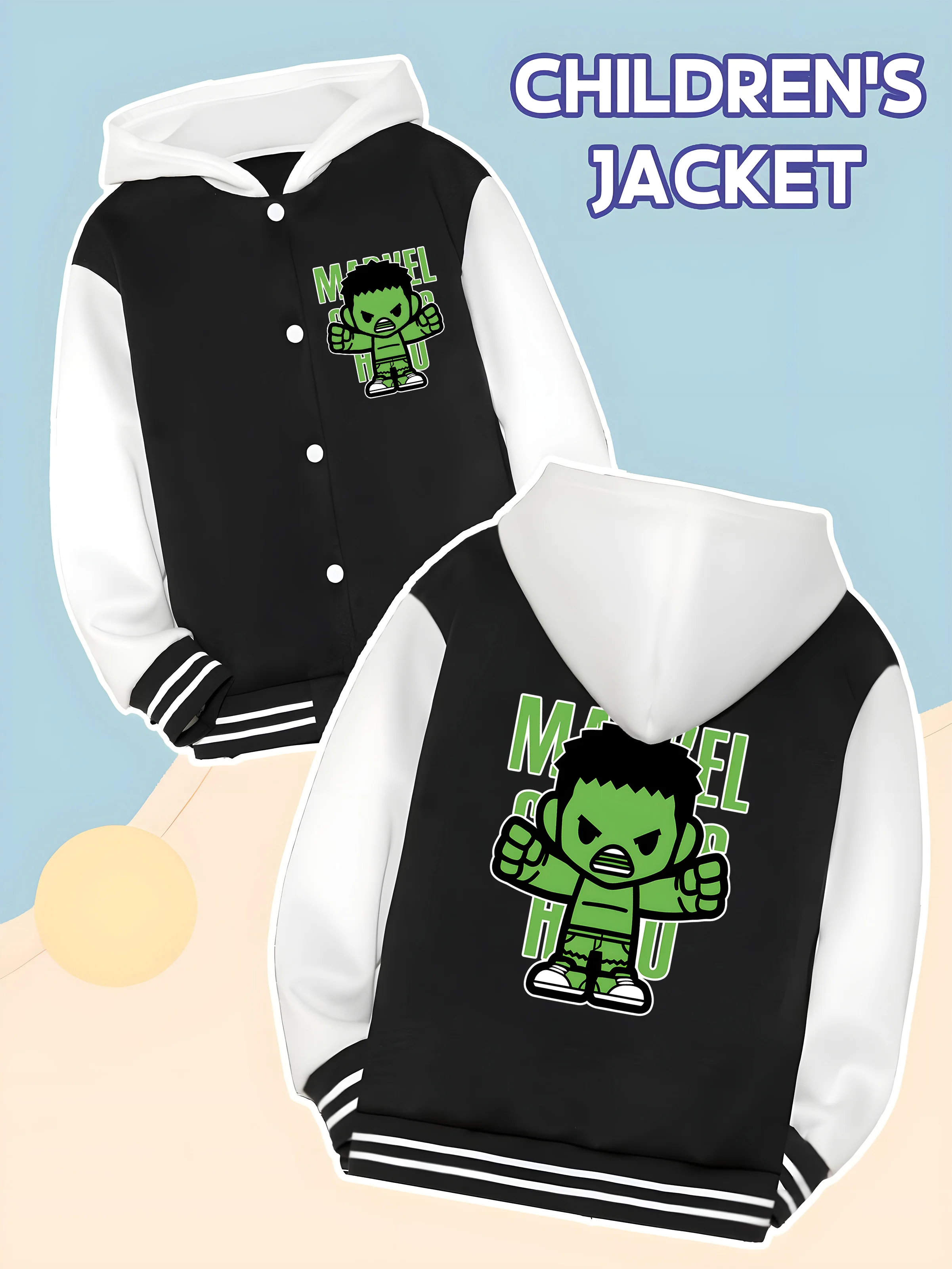 

MINISO Marvel Boys' Baseball hooded Jacket - Cute Hulk double-sided pattern, soft fabric
