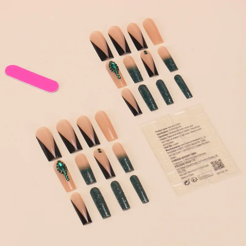 Finished Press-On Nails, Dark Green Y2K Style Nail Tips, 24Pcs Popular False Nail Stickers