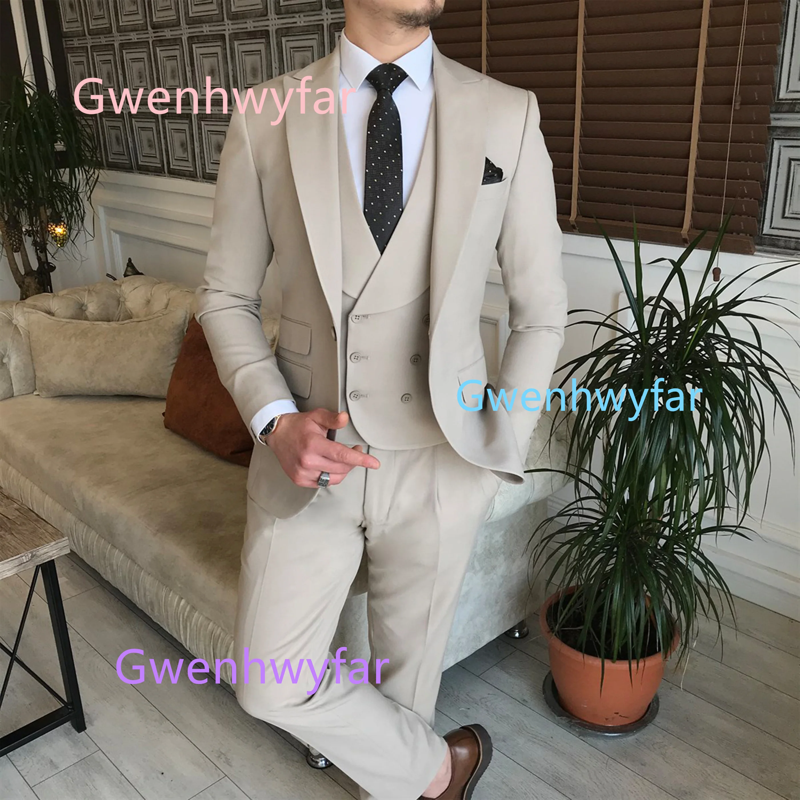 

G&N 2025 Новый светлый костюм цвета хаки, комплект из 3 предметов для мужского делового выпускного вечера, свадьбы жениха, однобортные мужские костюмы для официальной вечеринки