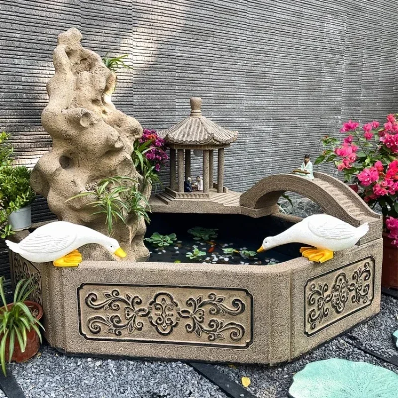 

Outdoor flowing water landscape, circulating water ornaments, fish pond garden, outdoor layout, courtyard terrace, rockery, Hot