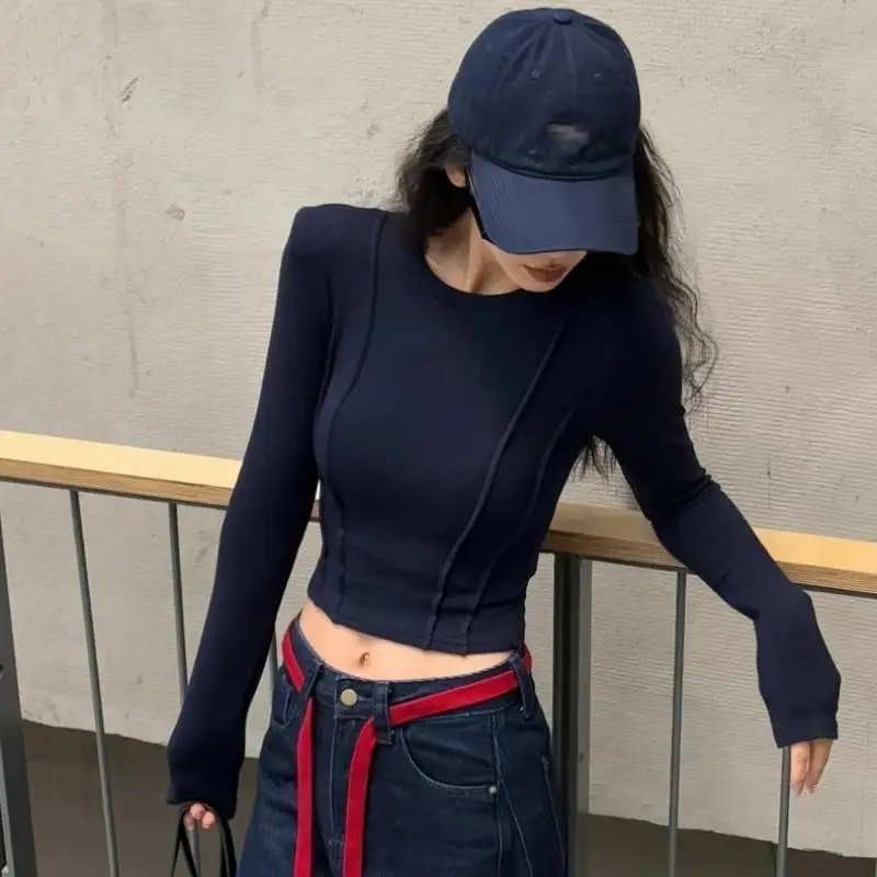 Temperamento corto simplicidad Tops manga larga sólido ajustado elegante camisetas juveniles primavera otoño nueva moda Sexy ropa de mujer