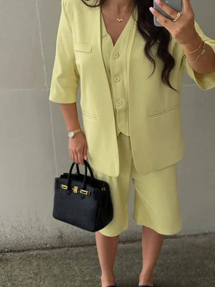 

Костюм с короткими рукавами, куртка, рубашка, топ, повседневный однотонный косой воротник, свободные женские костюмы средней длины, пальто, блузка, наряд