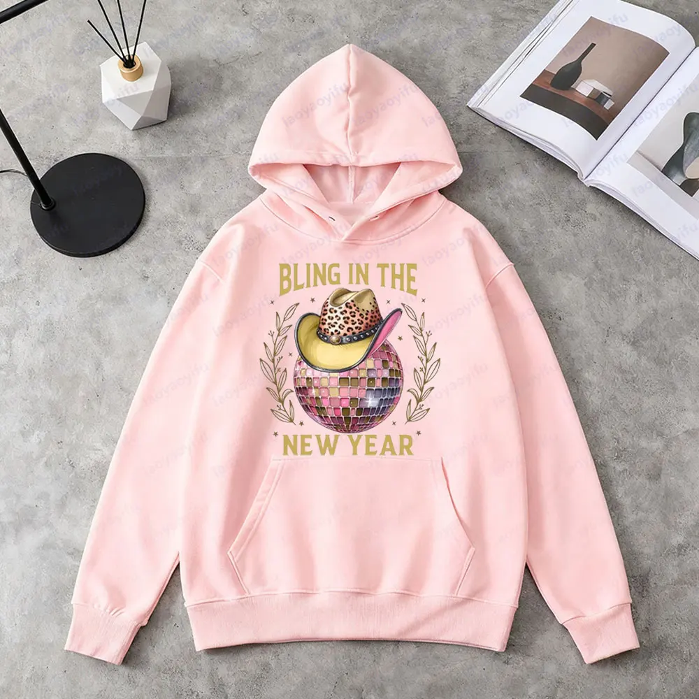 بلينغ في السنة الجديدة البلوز الوردي ديسكو الكرة السنة الجديدة هوديس الغربية راعية البقر قبعة هوديي المرأة موضة عطلة الشارع الشهير