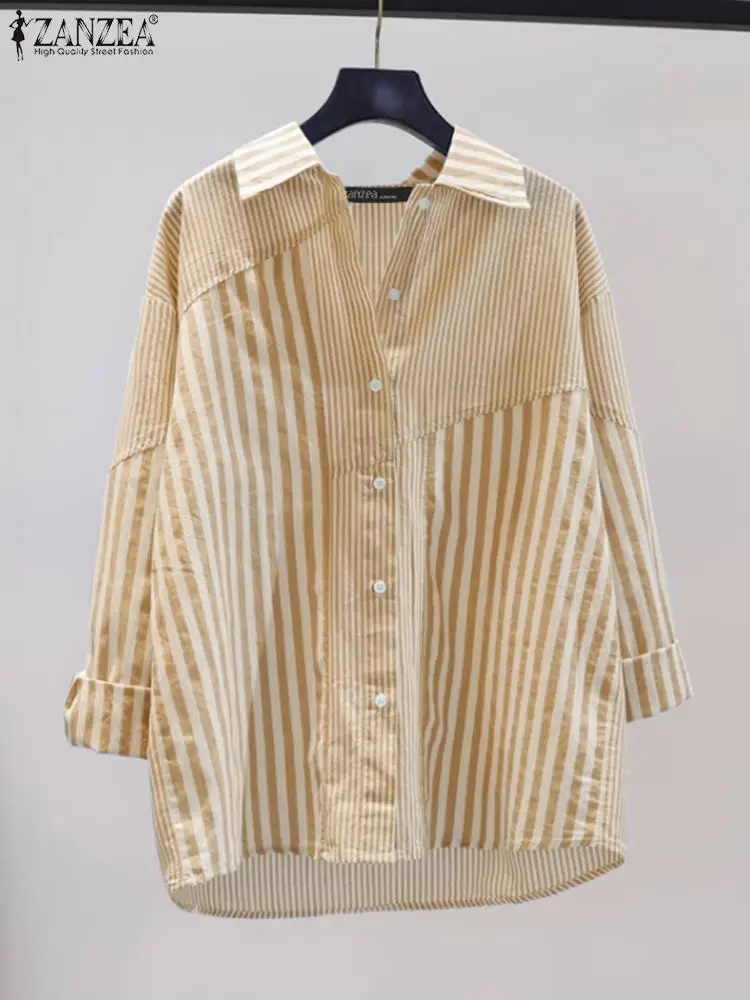 2024 ZANZEA Women Fashion Striped Blouse Summer Korean Stylish Long Sleeve Patchwork Shirt Casual Lapel Neck Loose Work Tops