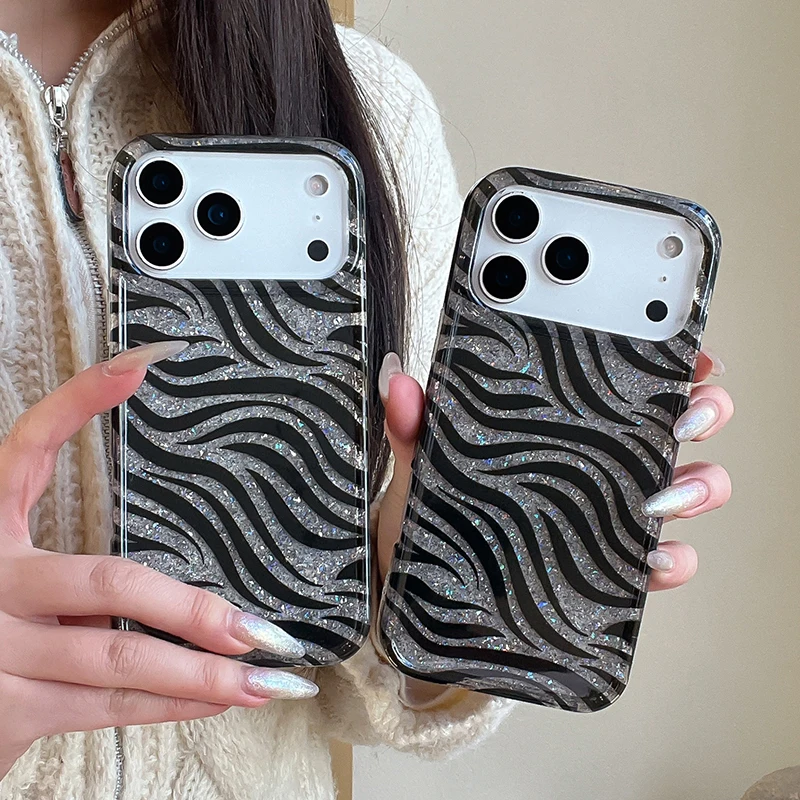 

Luxury Bling Glitter Zebra Stripes Print Shiny IMD Back Cover For iPhone 13 14 15 16 17 Pro Max Phone Case