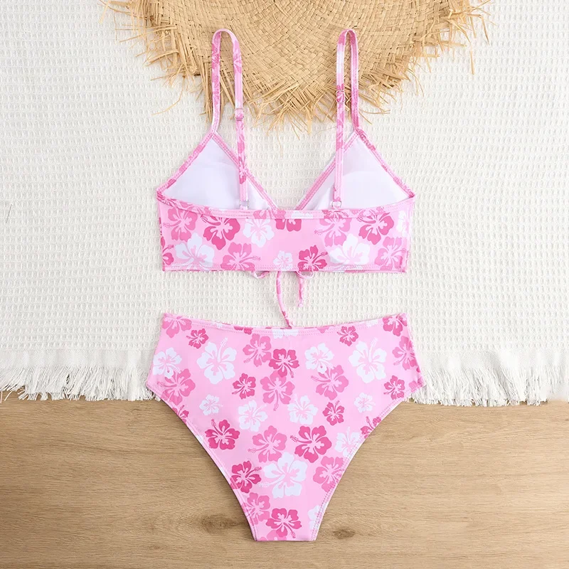 Pink Floral Print Mid Waist Bikinis Women 2024 Cut Out Two Pieces Swimsuit Beach Wear Separate Bikini Set Swim Bathing Suits
