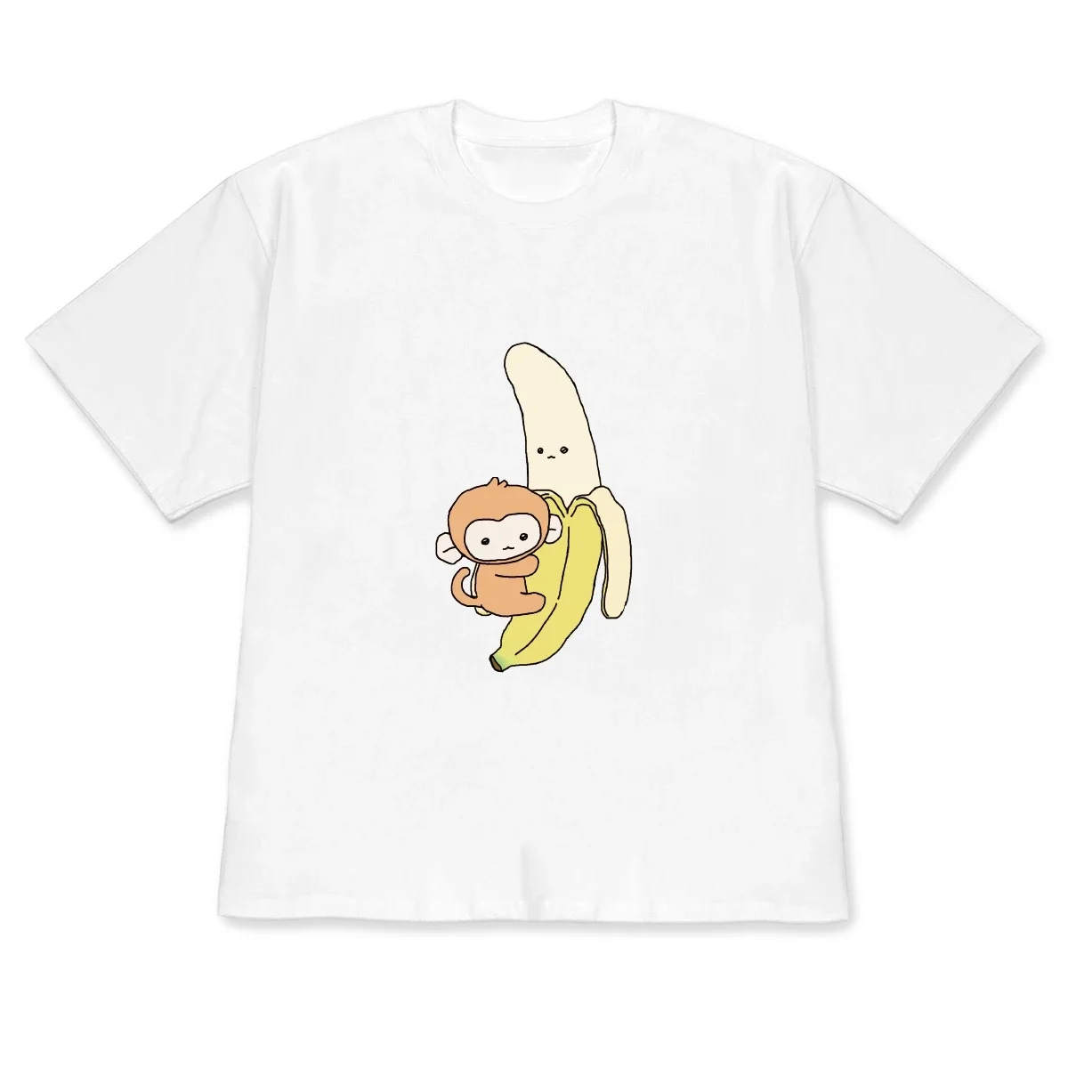 Lady  Short Sleeve T-shirt Monkey Hugging Banana Graphic Black Crew Neck Tee with Kawaii Animal Youthful Casual Streetwear Top