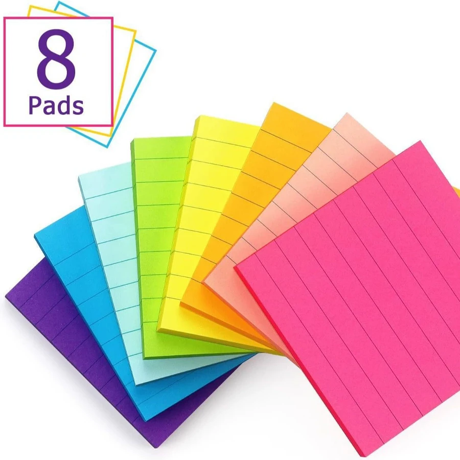 

360 Sheets Colorful Lined Sticky Notes Set, 4x6 Self-Adhesive Note Pads, 8 Bright Colors, 45 Sheets Per Pad, School Office Suppl