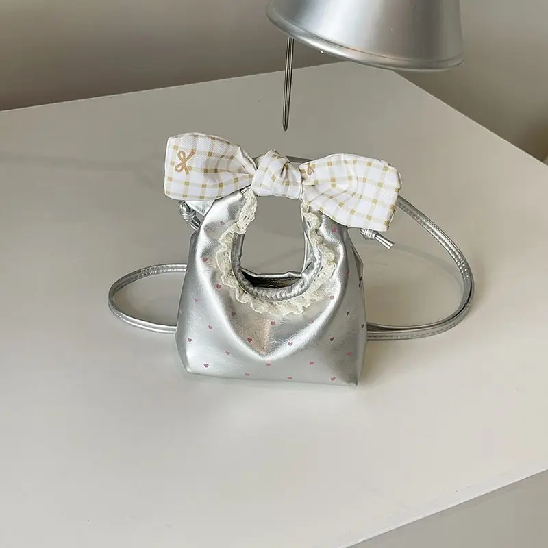 White Pink Yellow Sliver Cute Mini Cream Lace Heart Print Bow PU Leather Handbag Women Shoulder Crossbody Bag for girls women