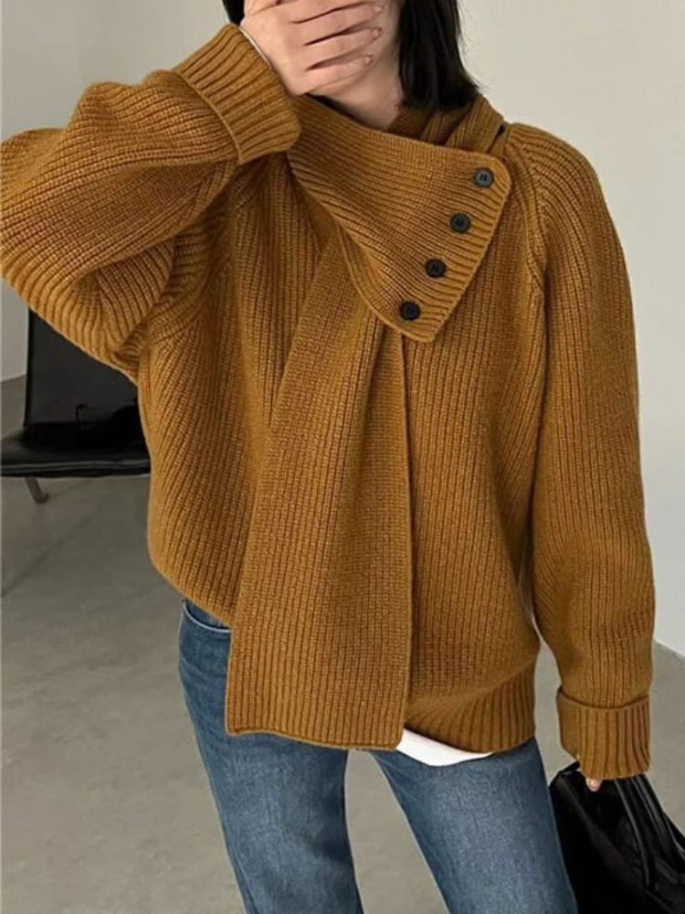 

Свободный свитер женский, осень-зима 2025, новый вязаный пуловер, утепленный теплый ленивый стиль, съемный шарф с воротником, свитер Mujer