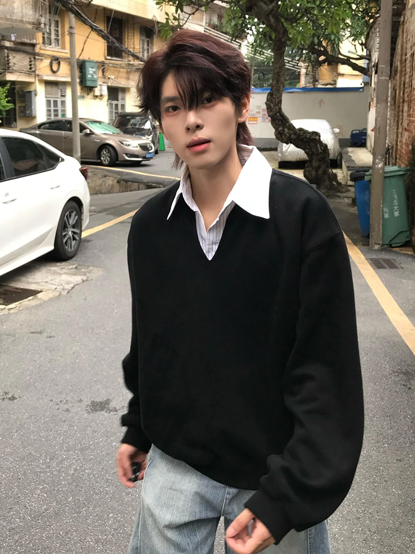 

Мужская толстовка V-Ne ort Sve Long Sve College Sle Striped irt Comfortable Stand Fit Youth Faion