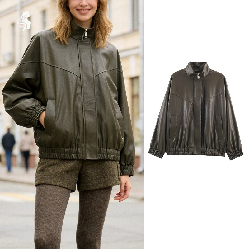 سترة نسائية من الجلد الصناعي بياقة واقفة مع سحاب إغلاق وحاشية مرنة ملابس خارجية رائعة غير رسمية لخريف وشتاء #1