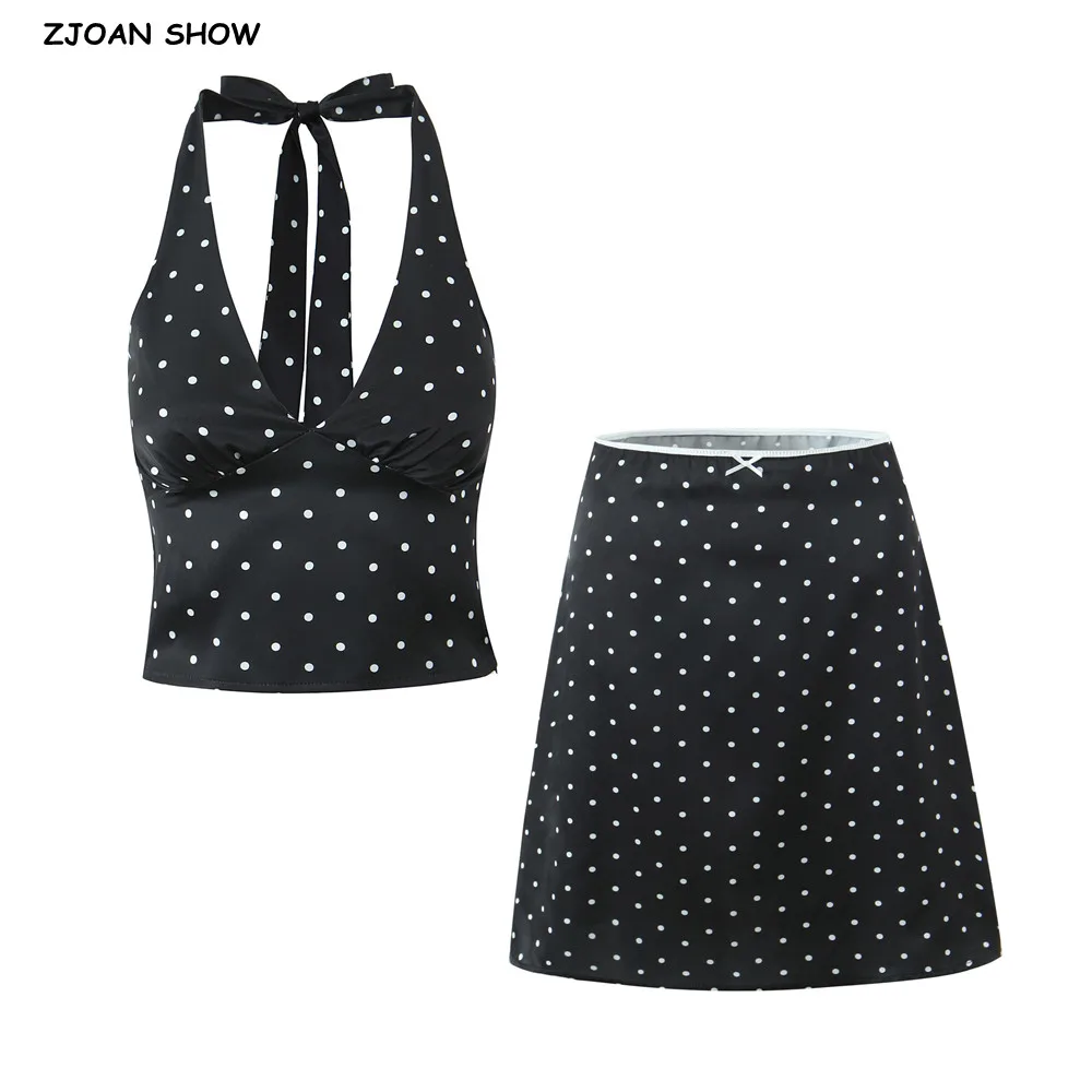 2025 Sexy Satin Black White Polka Dot Bow Halter Tank Top + Spliced Lace Zipper Waist A-lined Knee Length Skirt 2 Pieces Set