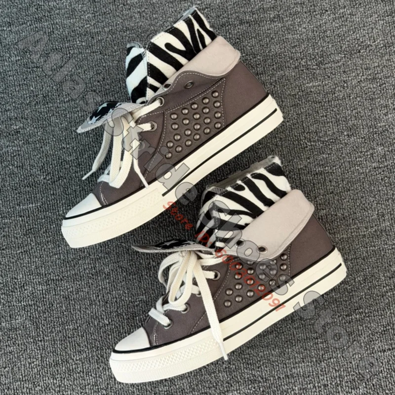 Zebra Print Fold Over High Top Sneakers Star Patched Hook And Loop Tongue Metal Rivet Decor Lace Up Ladies Canvas Shoes