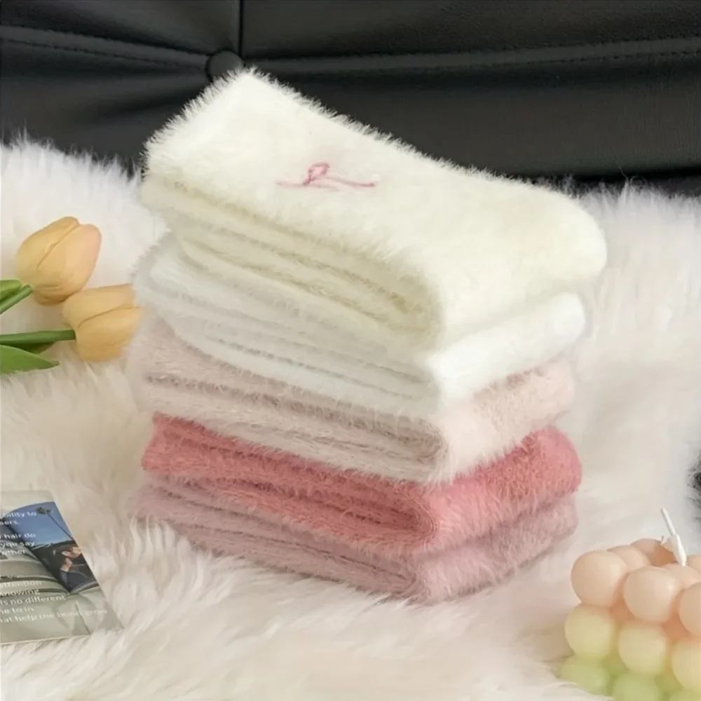 5 Pairs Women'S Winter Socks Sweet Mid Calf Socks with Faux Bows; Thick, Warm Sleep Socks