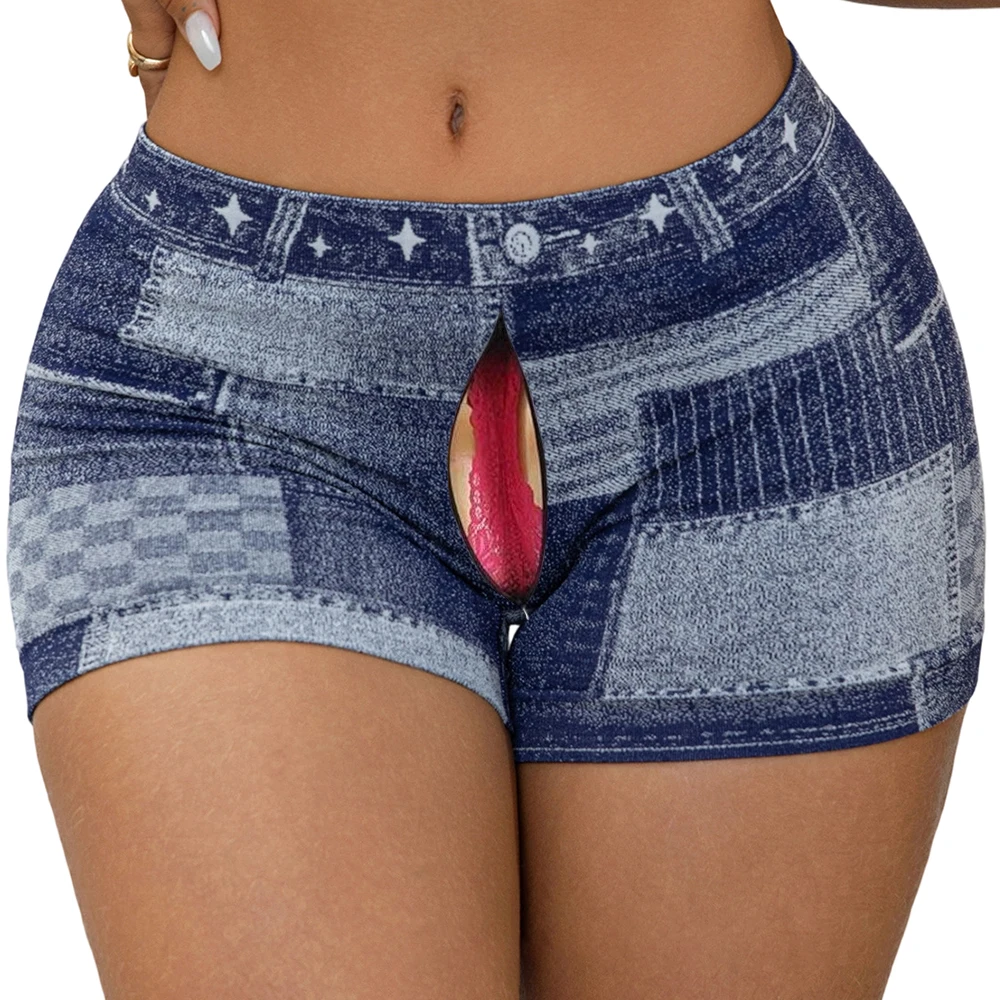 

Zipper Open Crotch Sexy Denim Print Shorts Summer Fitness Plus Size Sports High Waist Bottoms