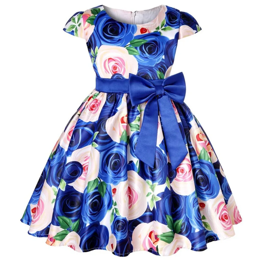 Summer Girls Rose Print Dress Princess Wedding Birthday Party Frocks Satin Children Vestidos Dresses For Girl Christmas Clothing