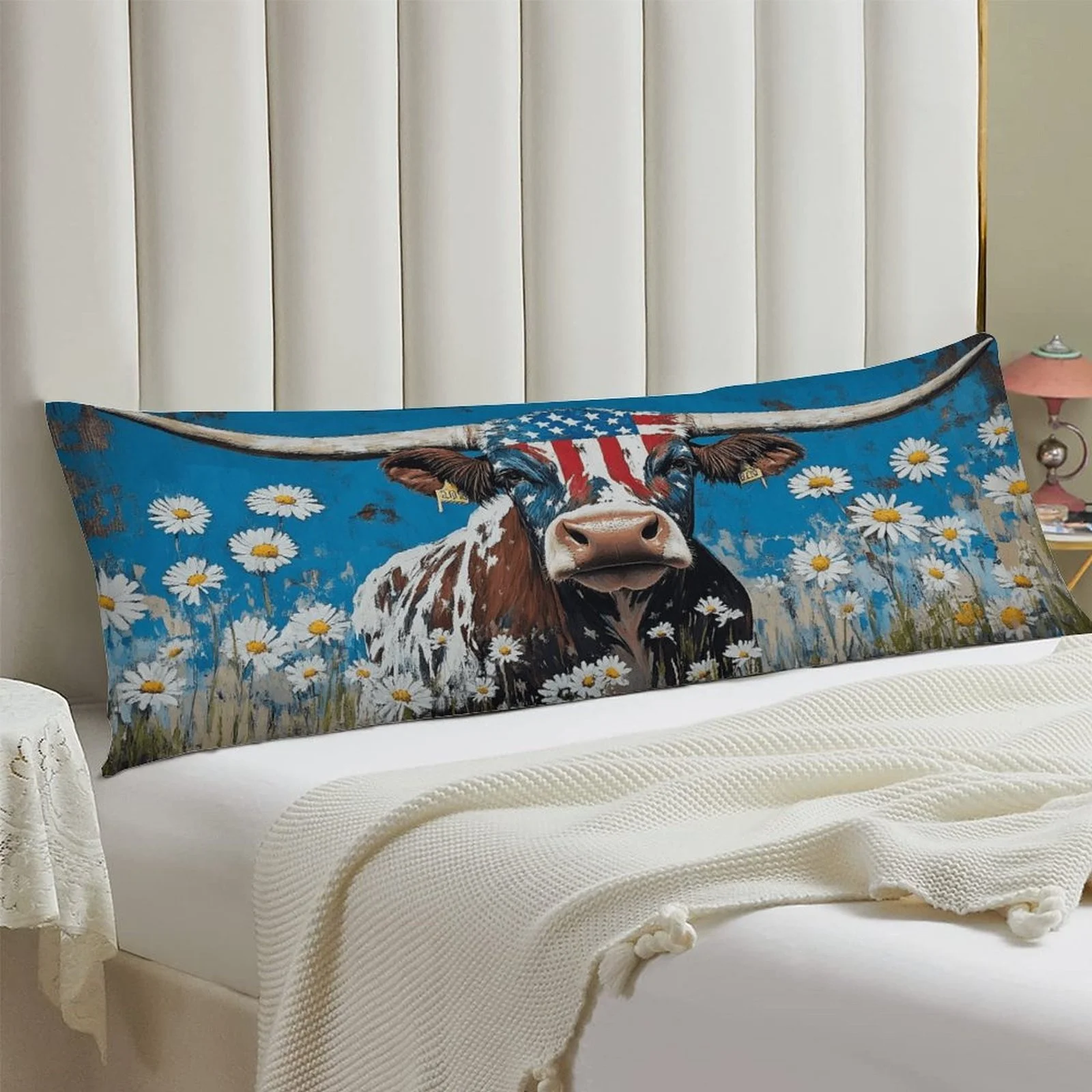 Patriotic American Flag Cow Body Pillowcase - Extra Long Pastoral Style Daisy Field Landscape Cushion Cover - Soft Flannel Textu