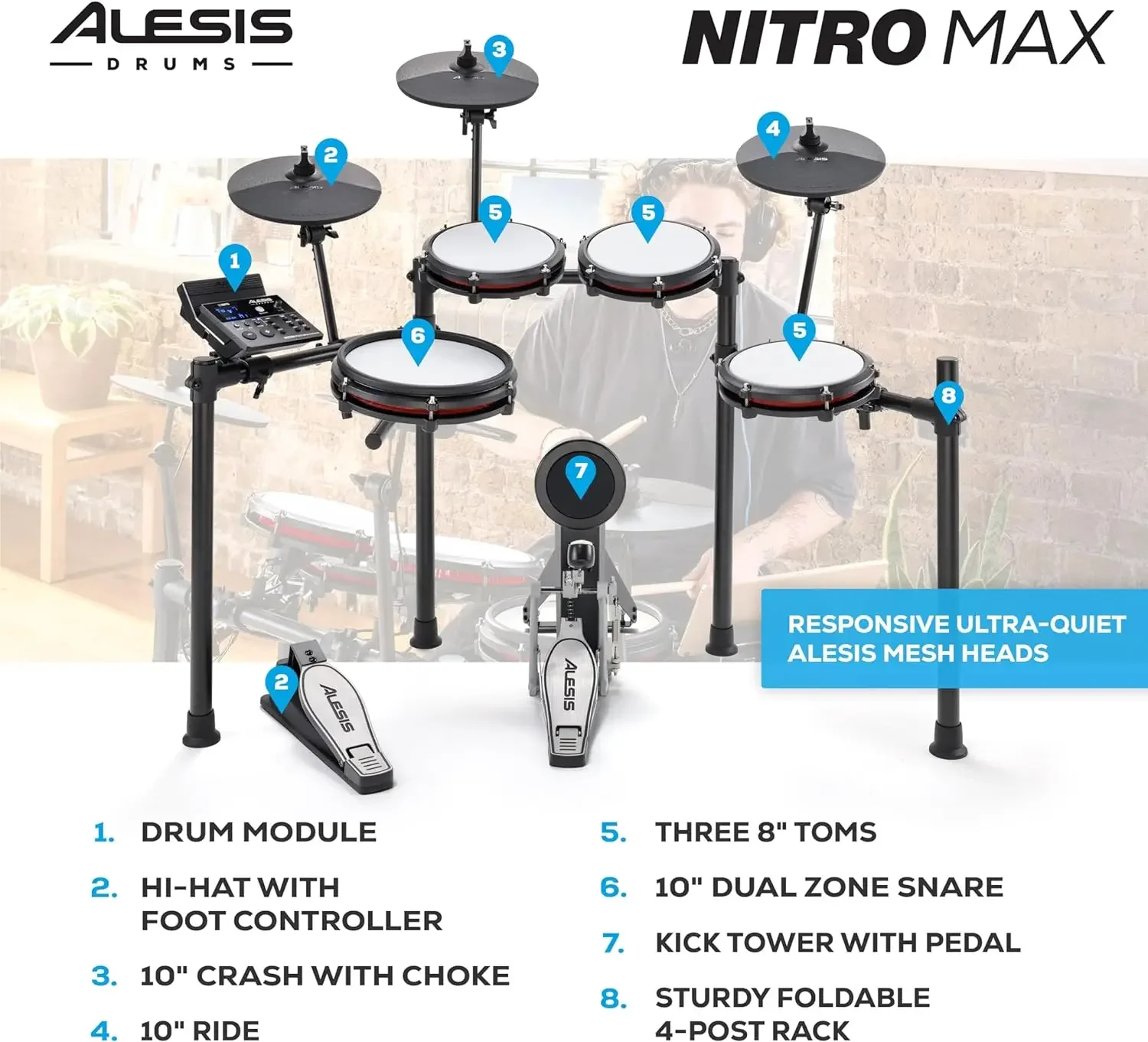 Alesis Nitro Max 키트 전기 드럼 세트, 조용한 메쉬 패드, 10 인치 듀얼 존 스네어, 블루투스, 440 + 정통 사운드, DrumeoNEW