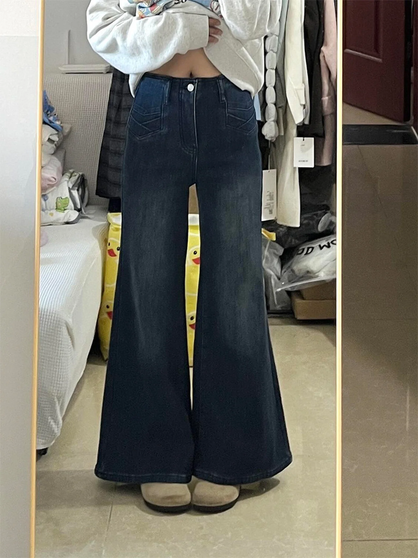 Retro americano azul jeans feminino queimado bootcut calças jeans outono inverno plus size commute faion cintura alta perna larga