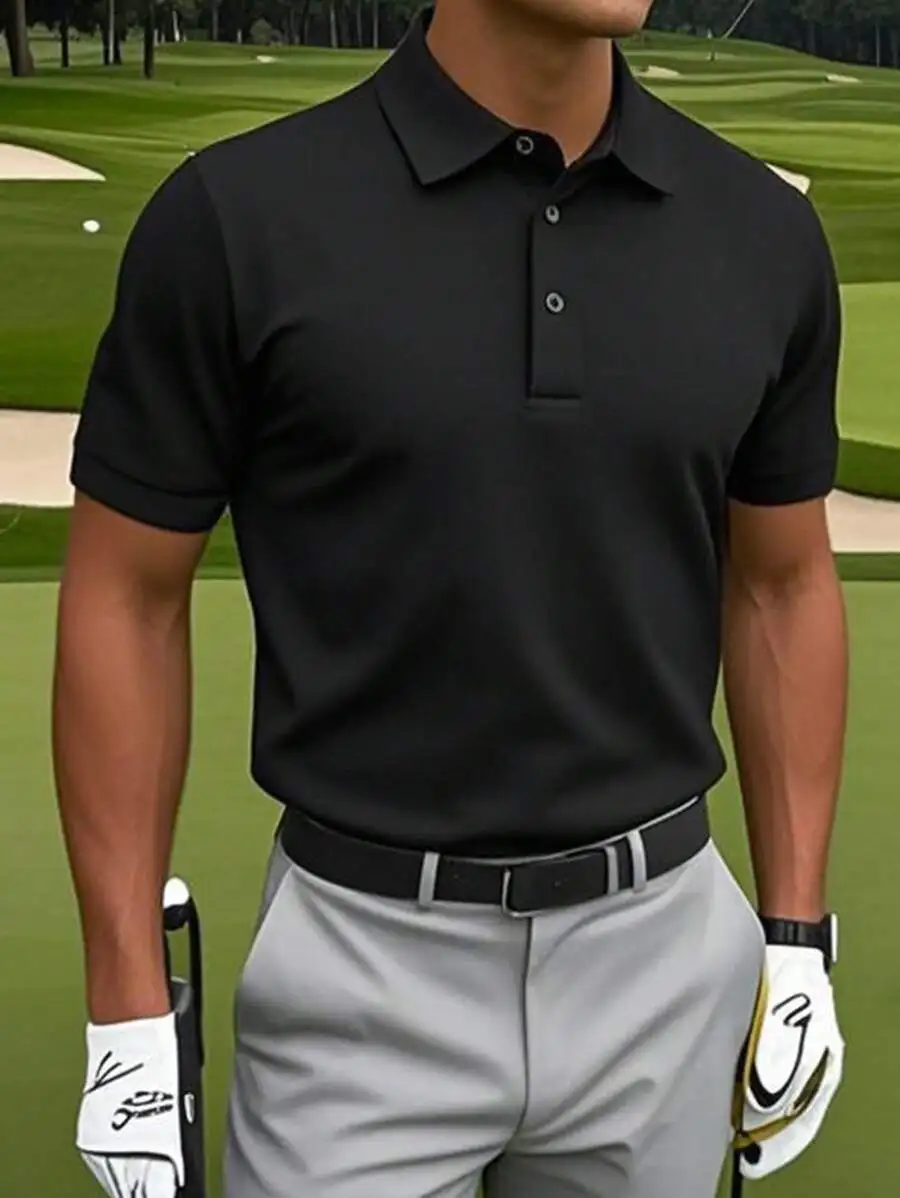 

Men's Solid Black Short Sleeve Polo Shirt for Casual or Business Wear